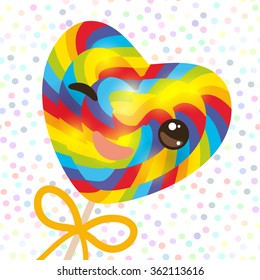 Kawaii with pink cheeks winking eyes, Valentine's Day Heart shaped candy lollipop with bow, bright rainbow stripes, colorful spiral candy cane. white abstract retro polka dot background. Vector