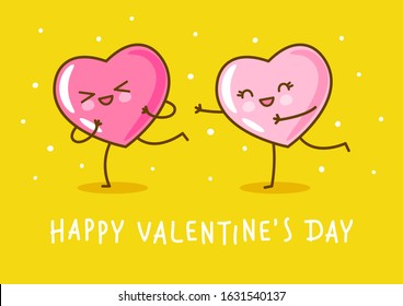Kawaii pink heart emoji running away from love on yellow background Vector characters for Valentines day cute design