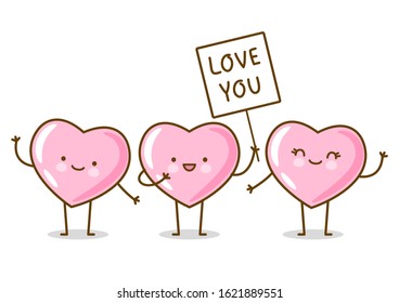 Kawaii pink hearts isolated on white background Vector characters for Valentines day cute greeting card design