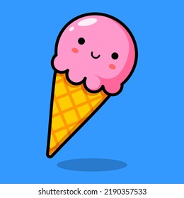 Kawaii pink ice cream in a yellow waffle cup. Smiling food. Vector illustration.