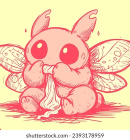 Kawaii pink nocturnal lepidopteran with wings chewing on a piece of fabric. Adorable butterfly moth with big cute eyes eating clothes.