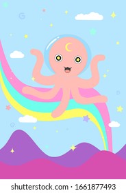 Kawaii pink octopus with cloud star rainbow and mountain on blue background