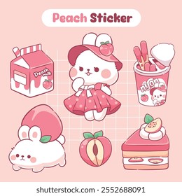 Kawaii pink peach dessert with rabbit cute sticker