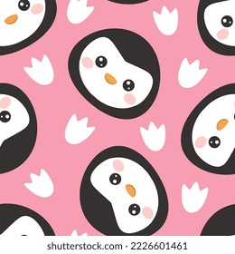 Kawaii pink penguin face with footprint texture, cute kids winter colorful wrapping paper, fabric and textile print.