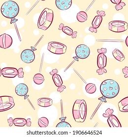 Kawaii pink seamless pattern with candies. Repetitive sweet background with peppermint, hard candies and lollipops. Pastel wallpaper for kids and babies.