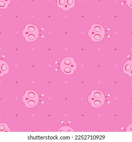 Kawaii pink skull seamless pattern. Lovely spooky. Creepy love. Killing cute.