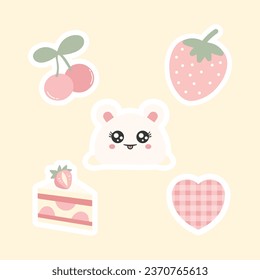 Kawaii Pink Sticker Set, Cute strawberry Dessert Kawaii Bear , Pink Elements. Kawaii Cute Digital Planner Stickers