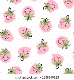 Kawaii  Pink Strawberries With Dots Vector Seamless Pattern. Cute Strawberry Berries Fruit Background. Summer Berry Wallpaper For Kids