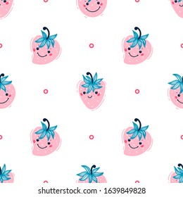 Kawaii Pink Strawberries Vector Fruit Seamless Pattern. Cute Strawberry Berries Polka Dots Background. Summer Berry Wallpaper for Kids
