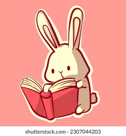 Kawaii pink and white bunny reading a book. Digital art of a cute anime rabbit studying a notebook while sitting down.