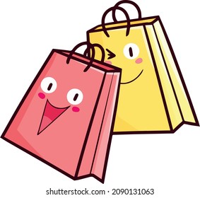 Kawaii pink and yellow shopping bag laughing happily