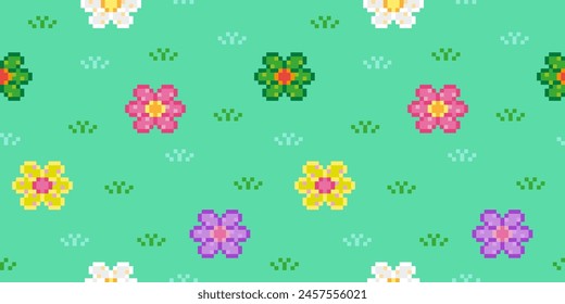 Kawaii pixel art flower pattern, beautiful colorful floral pattern, vector illustration.