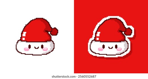 Kawaii pixel christmas santa hat icon and sticker isolated. Vector pixel art christmas hat 8 bit logo for game. Merry Christmas illustration, happy new year