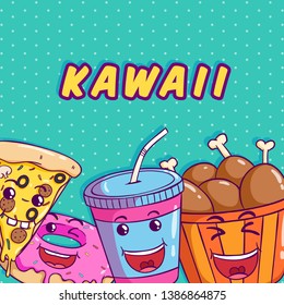 Kawaii pizza donut and soda cup with colorful doodle style on green background
