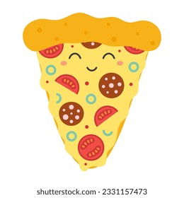 kawaii pizza slice illustration, cute happy fast food character icon, cartoon adorable icon for card, textile print, kids menu, stickers
