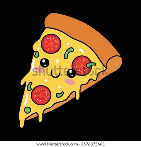 
Kawaii pizza slice with smiling face. Cute cartoon fast food vector illustration, perfect for kids menu, restaurant, party, or fun design.

