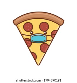 porción de pizza kawaii usando caricatura de máscara protectora aislada de fondo blanco