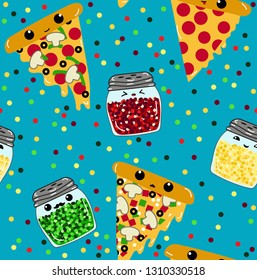 Kawaii pizza and spices on dot background seamless repeating pattern vector