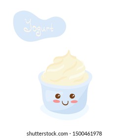Kawaii Plain Yogurt vector character isolated on white background. Funny smiling soft frozen yogurt in light blue plastic cup. Cute yummy creamy dairy product mascot illustration. Kids menu concept. 