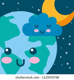 kawaii planet earth cloud and star space cartoon