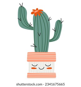 Kawaii plant in a flower pot. Sticker of a plant with a cute smile for kids. exotic plant. Cute plant on isolated white background. vector stock illustration.