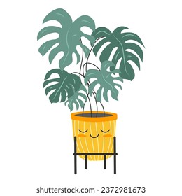 Kawaii plant in a flower pot. Sticker of a plant with a cute smile for kids. exotic plant. Cute plant on isolated white background. vector stock illustration.