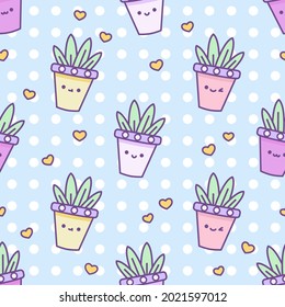 Kawaii Plant seamless Vector Pattern. Cute Flower Pot with leaf and smile face. Funny sweet floral repeat backdrop in cartoon style. Polka dots blue background. For wrapping paper, print, textile