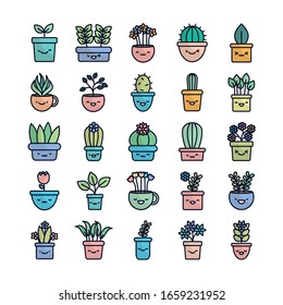Kawaii plants inside pots flat fill style icon set design of Floral nature garden ornament botany decoration beauty and flora theme Vector illustration