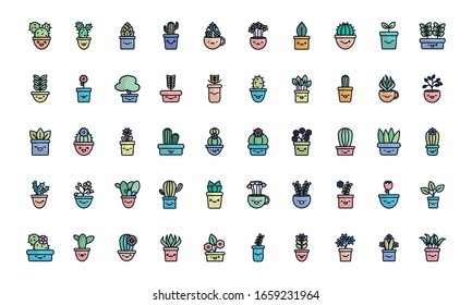 Kawaii plants inside pots flat fill style icon set design of Floral nature garden ornament botany decoration beauty and flora theme Vector illustration