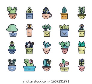 Kawaii Plants Inside Pots Flat Fill Stock Vector (Royalty Free ...