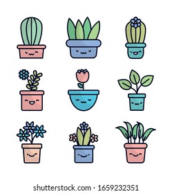 Plantas Kawaii dentro de macetas estilo llano icono conjunto diseño de jardín natural floral adorno botánica decoración belleza y flora Tema vectorial ilustración