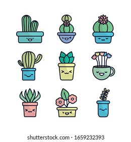 Plantas Kawaii dentro de macetas estilo llano icono conjunto diseño de jardín natural floral adorno botánica decoración belleza y flora Tema vectorial ilustración