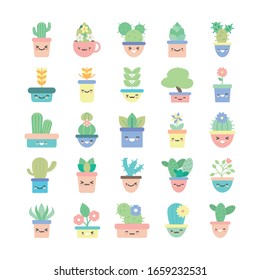 Kawaii plants inside pots flat style icon set design of Floral nature garden ornament botany decoration beauty and flora theme Vector illustration