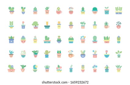 Kawaii plants inside pots flat style icon set design of Floral nature garden ornament botany decoration beauty and flora theme Vector illustration