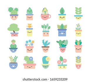 Kawaii plants inside pots flat style icon set design of Floral nature garden ornament botany decoration beauty and flora theme Vector illustration