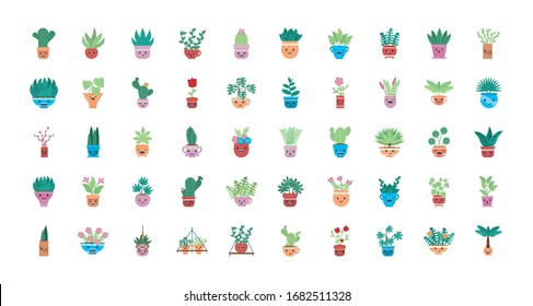 Kawaii Pflanzen in Töpfen flach-Stil Ikone-Design der floralen Natur Garten-Ornament Botanik Dekoration Schönheit und Flora Thema Vektorillustration Illustration