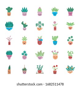 Kawaii plants inside pots flat style icon design of Floral nature garden ornament botany decoration beauty and flora theme Vector illustration