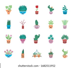 Kawaii plants inside pots flat style icon design of Floral nature garden ornament botany decoration beauty and flora theme Vector illustration