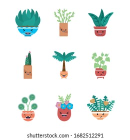 Kawaii plants inside pots flat style icon design of Floral nature garden ornament botany decoration beauty and flora theme Vector illustration
