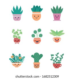 Plantas Kawaii dentro de macetas de estilo plano icono diseño de jardín floral ornamentación botánica belleza y flora tema Vector ilustración