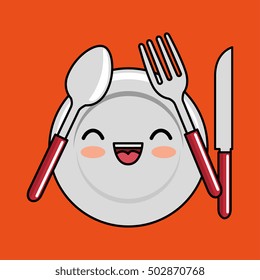 kawaii plate fork spoon knife icon design