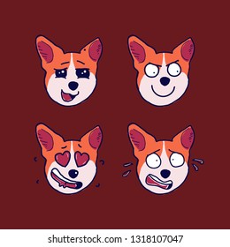 Kawaii playful Corgi dogs emotions. Hand drawn vector set. Doodles emoji stickers. Vector illustration