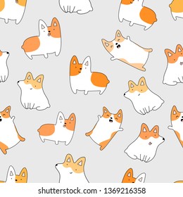 Kawaii playful Corgi dogs in various poses. Hand drawn colored vector seamless pattern.