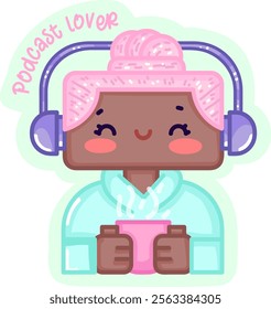 Kawaii podcast lover girl. Vector sticker. 