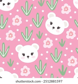 Kawaii polar bear face with cactus plant and flowers on a pink background, kids pajama colorful print for wrapping paper, fabric and textile. EPS 10 seamless pattern