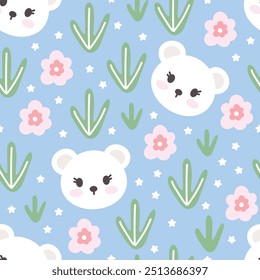 Kawaii polar bear face with cactus plant and flowers on a blue background, kids pajama colorful print for wrapping paper, fabric and textile. EPS 10 seamless pattern