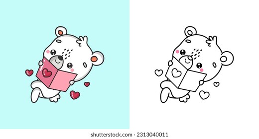 Kawaii Polar Bear Illustration and For Coloring Page. Funny Kawaii Bear. Vector Illustration of a Kawaii Animal for Stickers, Baby Shower, Coloring Pages, Prints for Clothes.

