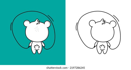 Kawaii Polar Bear Sportsman Clipart Multicolored And Black And White. Cute Bear Sportsman. Vector Illustration Of A Kawaii Animal For Stickers, Prints For Clothes, Baby Shower, Coloring Pages.
