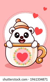 Kawaii polar bear wearing beanie hat in the cup in valentine day cartoon illustration
