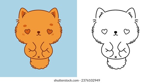 Kawaii Pomeranian Spitz Clipart Multicolored and Black and White. Cute Kawaii Puppy. Isolated Vector Illustration of a Kawaii Pet for Prints for Clothes, Stickers, Baby Shower. 